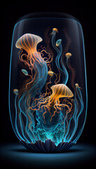 Beautiful colorful aquarium jellyfish, transparent isolated fish. Underwater sea life, close-up, vertical. Generative AI