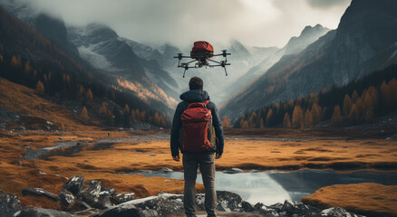 guy in backpack and drone in mountain travel