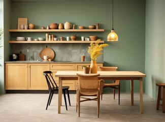 green and wooden kitchen with green walls and yellow chairs