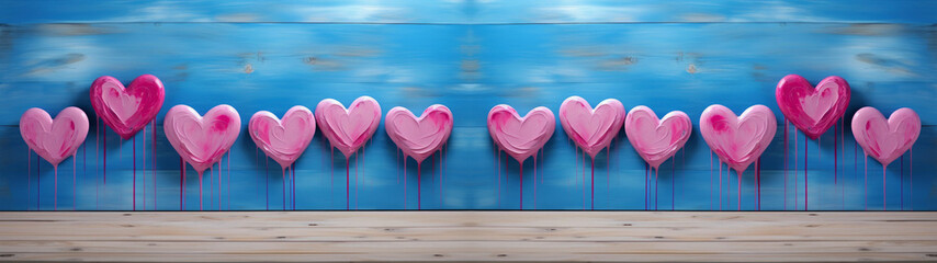 Valentine's Day, love, celebration, valentines day, wedding, pink red hearts with stems standing on wooden ground, turquoise background, greeting card, banner - obrazy, fototapety, plakaty