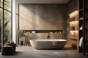 Fototapeta na wymiar large white bathtubs, a large modern bathroom and a bamboo bathroom