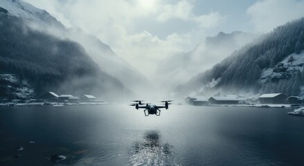 man flying drone around cloudy mountain water