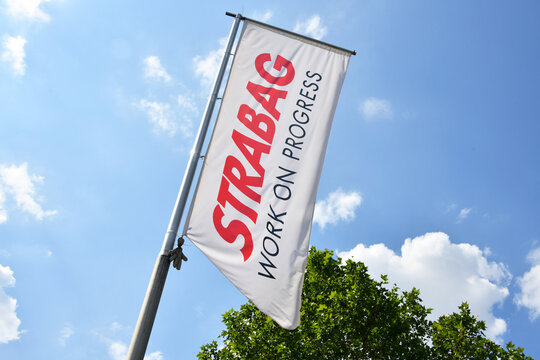 Berlin, Germany - June 7, 2023: Flag with the STRABAG logo in Berlin, Germany - Strabag is an Austrian construction company