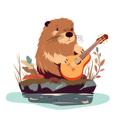 Cute beaver playing music on guitar near autumn pond or lake vector illustration. Cartoon isolated funny woodland scene with baby animal musician sitting near water with musical instrument in paws - obrazy, fototapety, plakaty