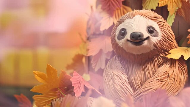 Stuffed slothy plush sitting in autumn leaves with mist fall mockup animation