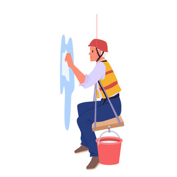 Worker of maintenance service cleaning window of facade vector illustration. Cartoon isolated side view of working industrial climber hanging with security belts and helmet to clean glass with sponge