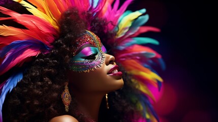 A stunning woman adorned with vibrant feathers and vibrant makeup.