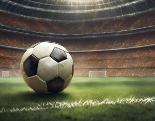 Soccer ball lies on a green soccer field