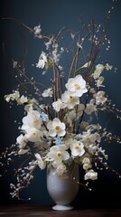 White orchids with winter twigs in the vase on blue grey background