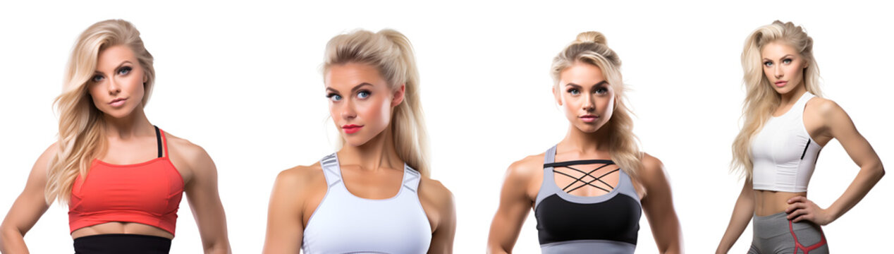 set of fitness blonde woman showcasing gym clothing, Isolated on Transparent Background, PNG