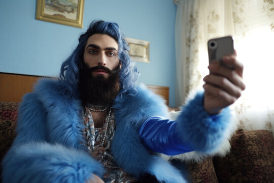 The photo shows a man in a blue fur coat striking a playful pose for a selfie.