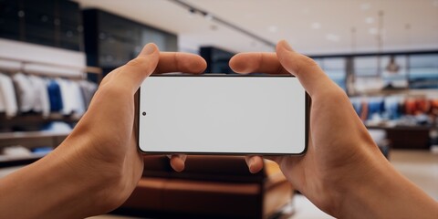 CU Caucasian male using his phone in vertical orientation, clothing store in bg