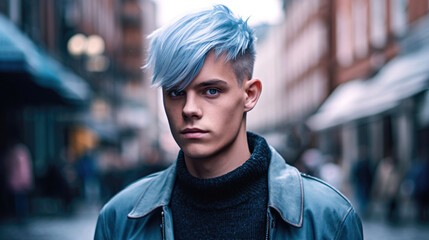 Fototapeta premium Portrait of a handsome young man with blue hair in the city. Concept of fashionable haircut and hairdressing salon