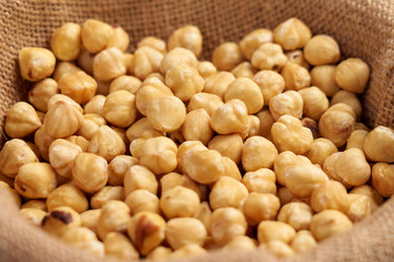 Shelled hazelnuts in a sack close up. Peeled raw nuts.