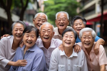 Fototapeta premium A group of cheerful, vibrant seniors looking at the camera in a group photo