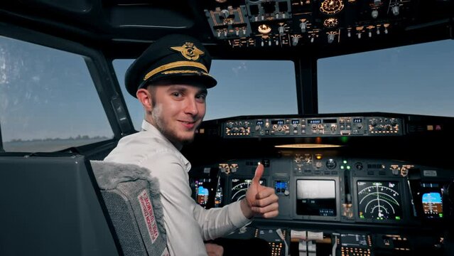 Portrait of smiling captain showing super sign in airplane in uniform preparing for flight in flight simulator cockpit
