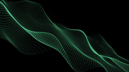 Beautiful futuristic hexagon wave background. The abstract motion structure of network connection. Big data visualization. 3D rendering.