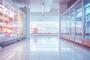 Blurred fuzzy grocery store refrigeration displays - obrazy, fototapety, plakaty