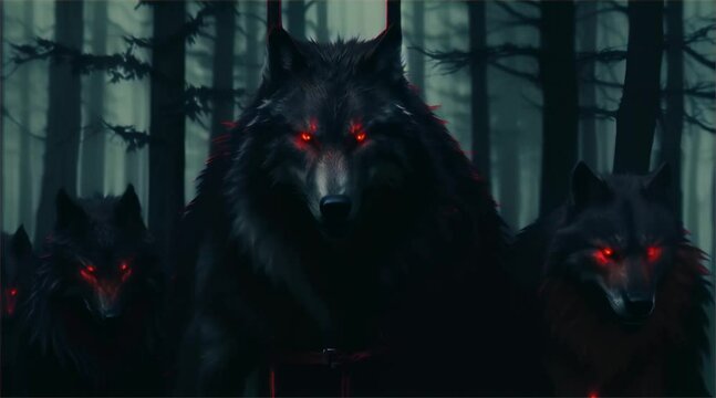 Dark black wolves with glowing red eyes fantasy creature animation