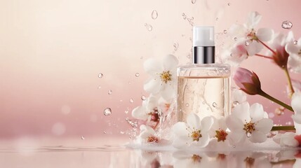 Perfume bottle on light pink background, beauty products for women - obrazy, fototapety, plakaty