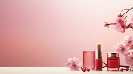 Pink background with women's cosmetics, body care product packaging
