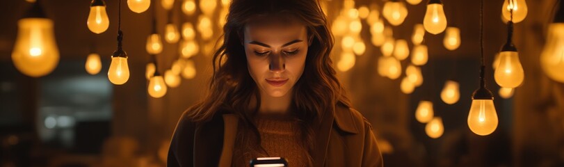 one woman watching her mobile with a pair of light bulbs - obrazy, fototapety, plakaty