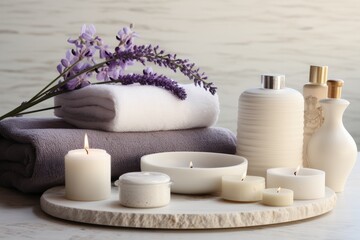 Fototapeta na wymiar products for spa are on a white table with lavender