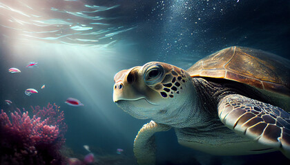 Portrait of big swimming in ocean turtle, close-up. Underwater world, tropical sea life. Generative AI