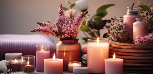 small pink candle and various scented products