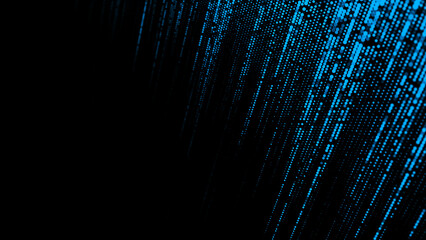 Blue matrix plane texture with halftone dots. Futuristic abstract background or wallpaper. Particle pattern, binary code. Broken hacker screen. Big data visualization. 3D rendering.