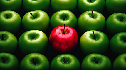 Pomme rouge unique parmi les pommes vertes - Concept et symbole de la différence - obrazy, fototapety, plakaty
