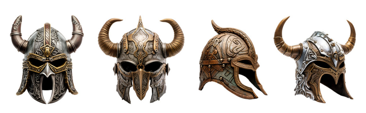 Set of Authentic Viking Horned Helmets and Medieval Warrior Helmets, Isolated on Transparent Background, PNG