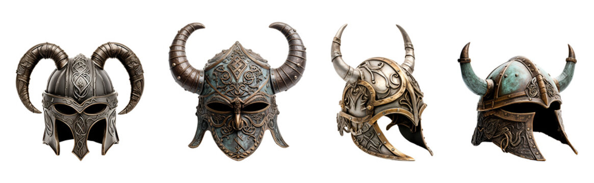 Set of Historical Reproduction Viking Horned Helmets and Classic Warrior Helmets, Isolated on Transparent Background, PNG