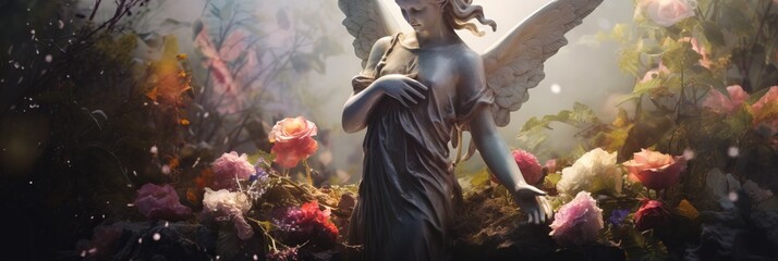 Monument to a mourning angel on a gravestone in a cemetery, banner - obrazy, fototapety, plakaty