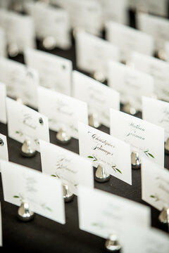 wedding place card calligraphy formal event black white silver