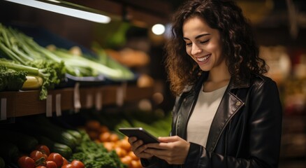 woman smiling in fruit and vegetable supermarket using tablet