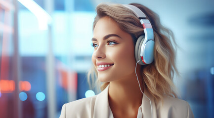 young woman talking in headphones at the office