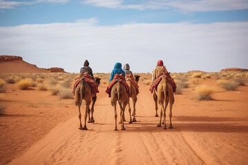 Joyful Tourist on Group Camel Ride in Desert