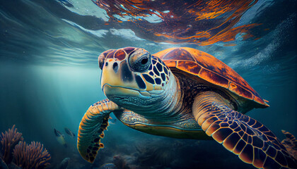 Fototapeta premium Portrait of big swimming in ocean turtle, close-up. Underwater world, tropical sea life. Generative AI