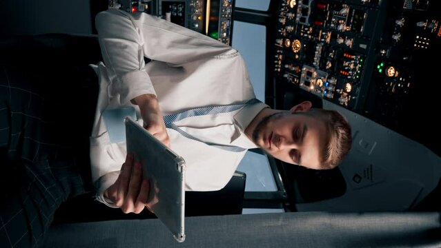 vertical video Portrait of an airplane captain or steward in uniform preparing for flight in flight simulator cockpit with tablet in hands