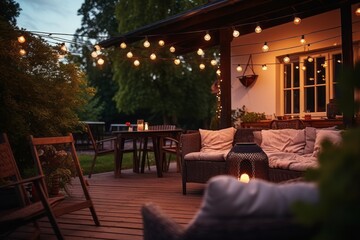 Cozy warm evening after work on your outside terrace overlooking the garden, terrace with a comfortable sofa and lights and table lamps - obrazy, fototapety, plakaty