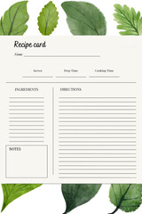 White blank paper blank recipe book template, for Bridal Shower and Wedding, greem leaves