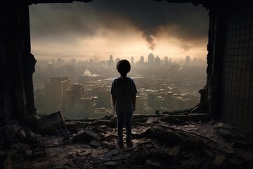 Child looking at destroyed city from inside his home - obrazy, fototapety, plakaty