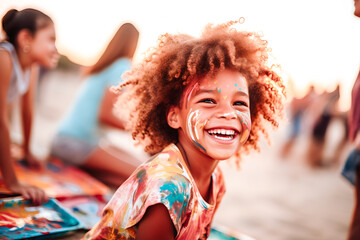 Enfant métis riant aux éclats sur la plage lors d'une activité peinture