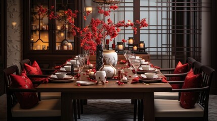 Chinese dining room decorated for lunar new year celebration