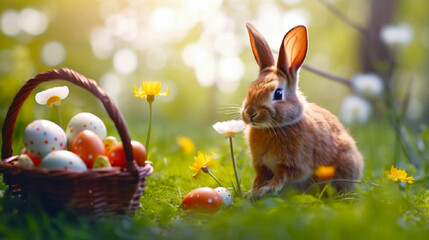 Fototapeta na wymiar Brown cute Easter bunny sits on spring lawn next to wicker basket with speckled Easter eggs. Bright spring grass and meadow spring flowers in yellow and white. Beautiful green bokeh