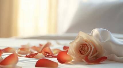Close-up of a fresh rose flower and many white petals lying on a large bed in a honeymoon hotel room. Romantic trip, room booking.