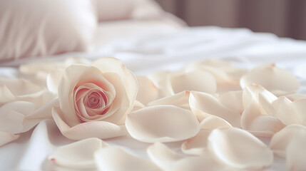 Close-up of a fresh rose flower and many white petals lying on a large bed in a honeymoon hotel room. Romantic trip, room booking. - obrazy, fototapety, plakaty