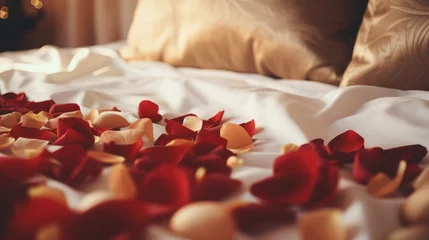  Close-up of a fresh red rose flower and many petals lying on a large bed in a honeymoon hotel room. Romantic trip, room booking. © SnowElf