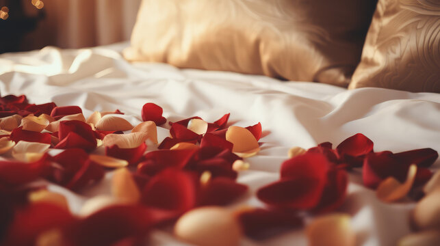 Close-up of a fresh red rose flower and many petals lying on a large bed in a honeymoon hotel room. Romantic trip, room booking.